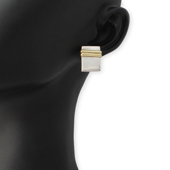 Vintage Sterling Silver & Brass Rectangle Stud Earrings Two Tone Mixed Metal - Picture 2 of 5